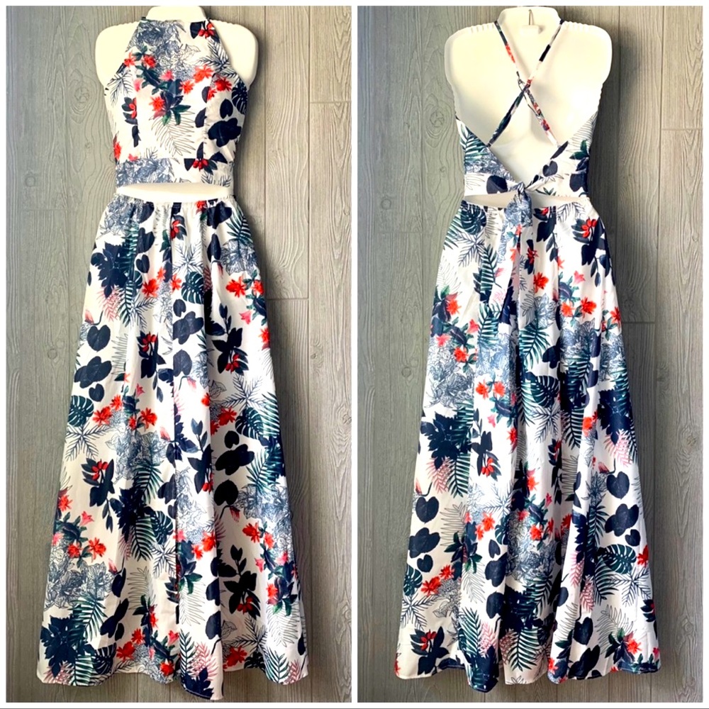 2-Piece Maxi Skirt + Crop Top Set Palm Leaf Print